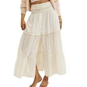 NWT Aerie Cream Boho Button Cotton Smocked Waist Tiered Maxi Skirt Size XL